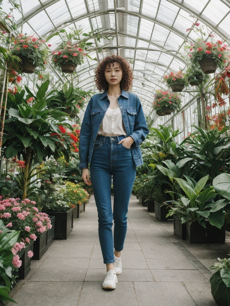 her name is Asako, high quality, 1girl, ((20-year-old fit Caucasian woman)), ((20 years old)), ((slim)), ((Korean Perm)), pose: standing, wearing trendsetting Generation-Z modern wear different colored, BACKGROUND: "Inside the Conservatory of Flowers, amidst lush tropical plants and vibrant blooms."