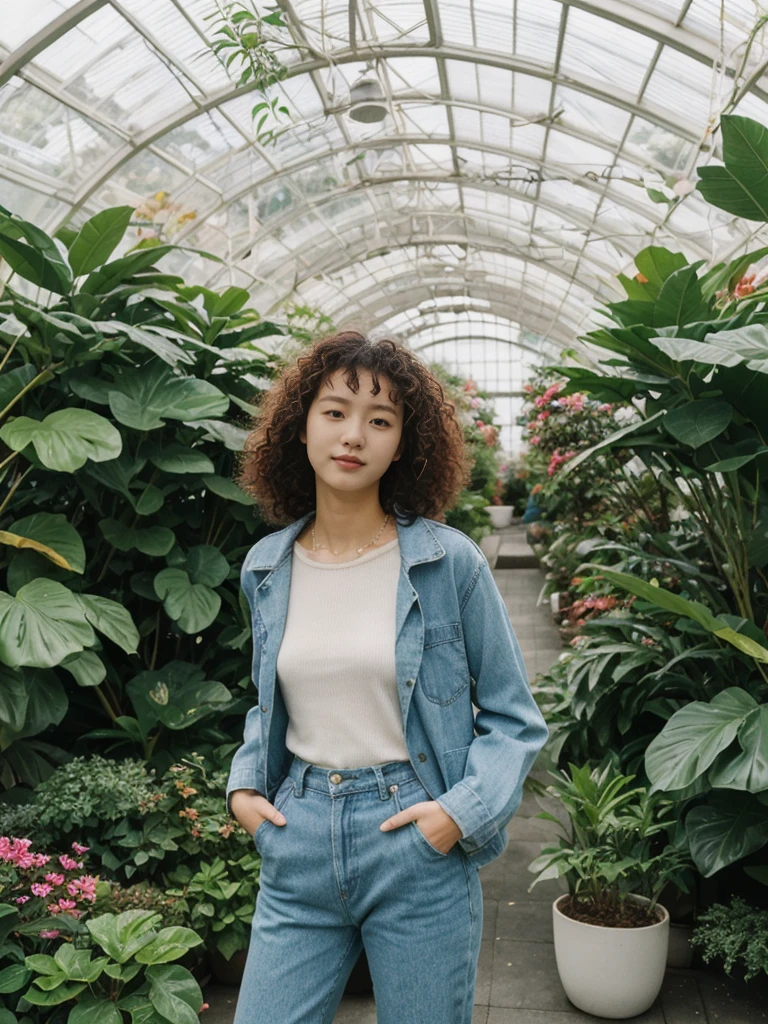her name is Asako, high quality, 1girl, ((20-year-old fit Caucasian woman)), ((20 years old)), ((slim)), ((Korean Perm)), pose: standing, wearing trendsetting Generation-Z modern wear different colored, BACKGROUND: "Inside the Conservatory of Flowers, amidst lush tropical plants and vibrant blooms."