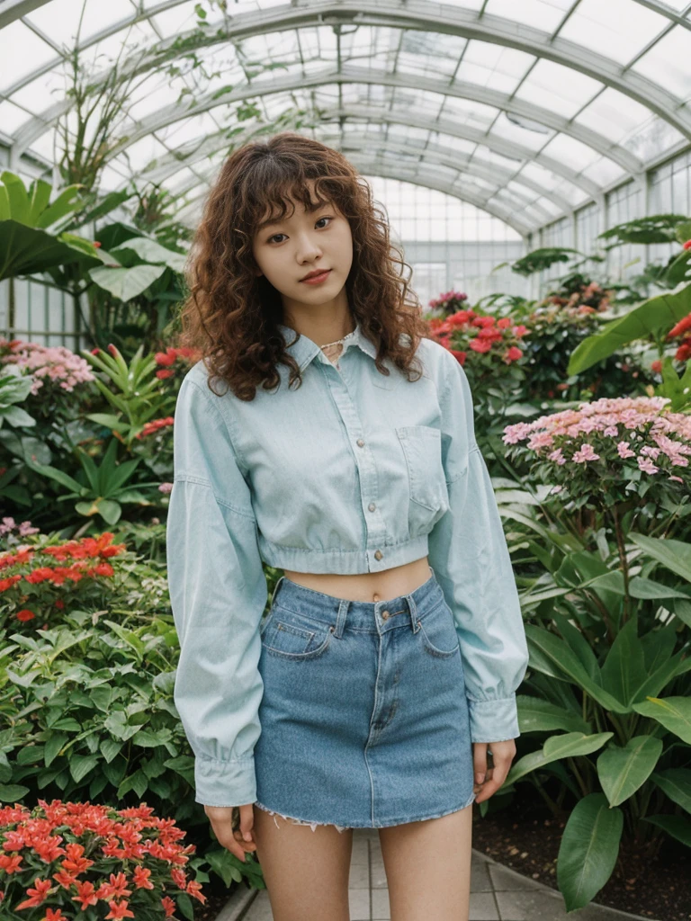 her name is Asako, high quality, 1girl, ((20-year-old fit Caucasian woman)), ((20 years old)), ((slim)), ((Korean Perm)), pose: standing, wearing trendsetting Generation-Z modern wear different colored, BACKGROUND: "Inside the Conservatory of Flowers, amidst lush tropical plants and vibrant blooms."