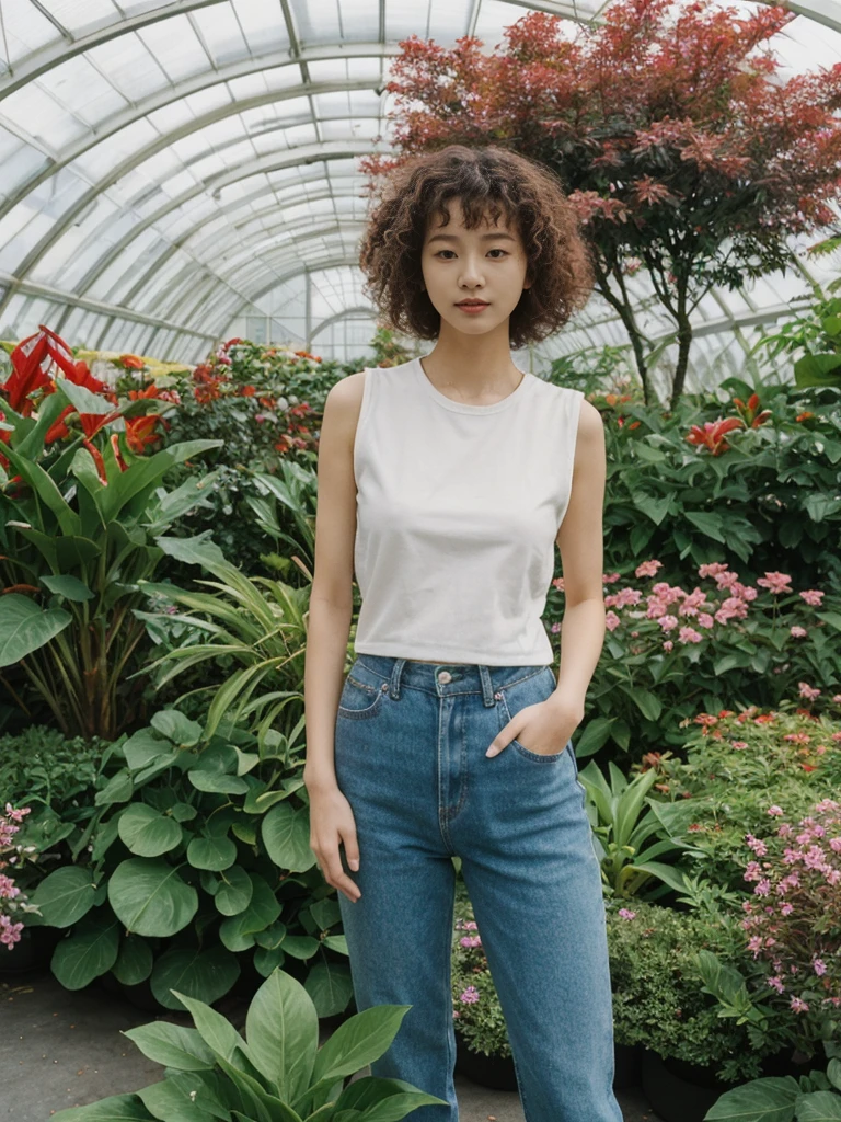 her name is Asako, high quality, 1girl, ((20-year-old fit Caucasian woman)), ((20 years old)), ((slim)), ((Korean Perm)), pose: standing, wearing trendsetting Generation-Z modern wear different colored, BACKGROUND: "Inside the Conservatory of Flowers, amidst lush tropical plants and vibrant blooms."