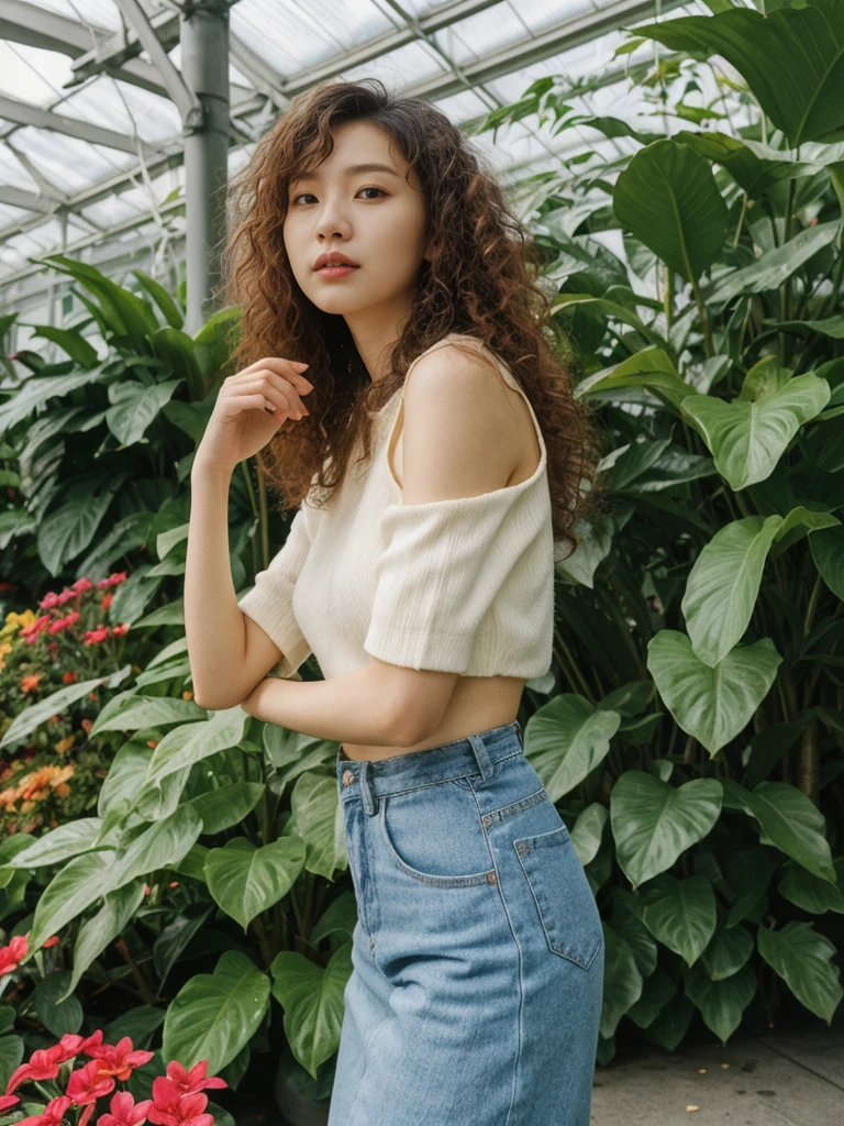her name is Asako, high quality, 1girl, ((20-year-old fit Caucasian woman)), ((20 years old)), ((slim)), ((Korean Perm)), pose: standing, wearing trendsetting Generation-Z modern wear different colored, BACKGROUND: "Inside the Conservatory of Flowers, amidst lush tropical plants and vibrant blooms."