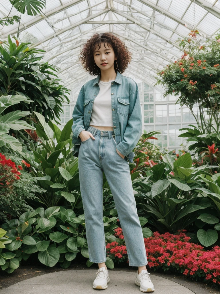 her name is Asako, high quality, 1girl, ((20-year-old fit Caucasian woman)), ((20 years old)), ((slim)), ((Korean Perm)), pose: standing, wearing trendsetting Generation-Z modern wear different colored, BACKGROUND: "Inside the Conservatory of Flowers, amidst lush tropical plants and vibrant blooms."