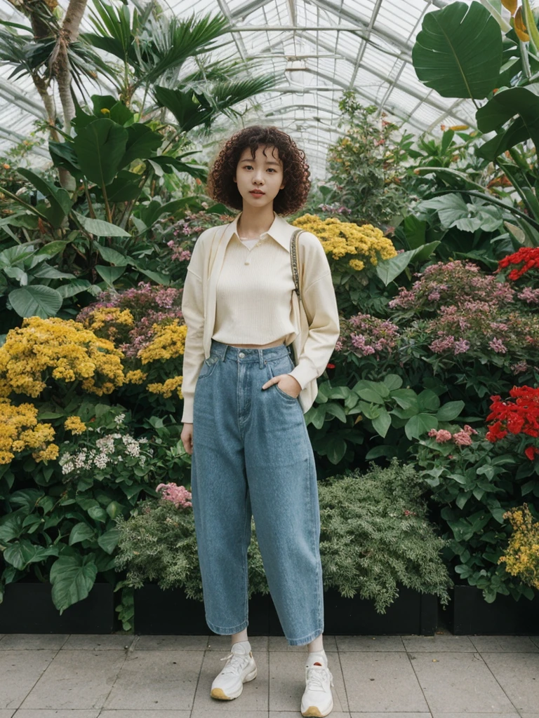 her name is Asako, high quality, 1girl, ((20-year-old fit Caucasian woman)), ((20 years old)), ((slim)), ((Korean Perm)), pose: standing, wearing trendsetting Generation-Z modern wear different colored, BACKGROUND: "Inside the Conservatory of Flowers, amidst lush tropical plants and vibrant blooms."