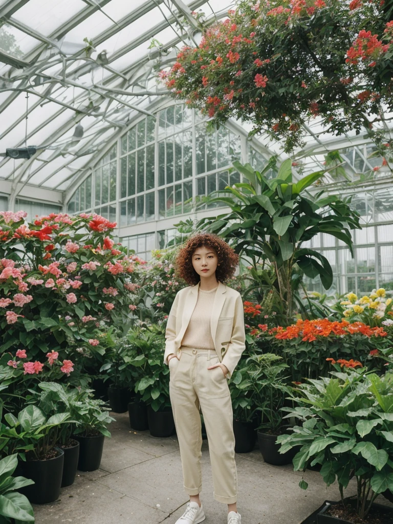her name is Asako, high quality, 1girl, ((20-year-old fit Caucasian woman)), ((20 years old)), ((slim)), ((Korean Perm)), pose: standing, wearing trendsetting Generation-Z modern wear different colored, BACKGROUND: "Inside the Conservatory of Flowers, amidst lush tropical plants and vibrant blooms."