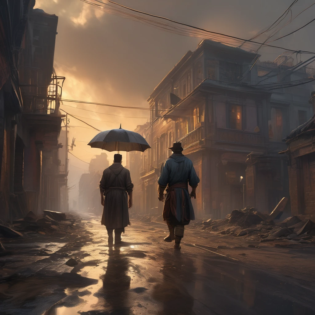 a man looks at the end of the street, triumphant, rainy, old city, feet buried in mud on the road, masterpiece, best quality, (extremely detailed CG unity 8k wallpaper), (best quality), (best illustration), (best shadow), absurdres, realistic lighting, (Abyss), beautiful detailed glow, art by PeterMohrBacher,