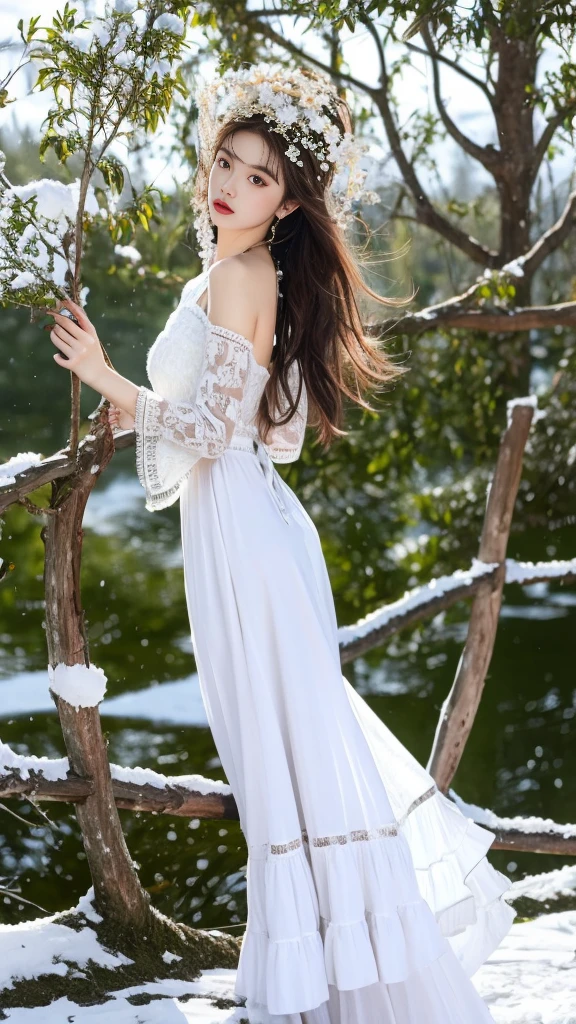 (8K,best quality,masterpiece:1.2),Ultra-high detail,Professional lighting,best quality,Ultra-high resolution,Visually stunning,Character Close-up,A woman standing next to a dead tree,Her long hair fluttered slightly in the wind,The white dress she wore spread out on the snow,Like a beautiful painting,Real human skin,(Perfect body 1.3)Super delicate face。