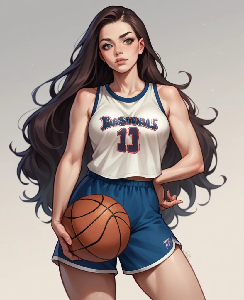 One girl standing, Wearing a basketball shirt, Very detailed, Realistic, holding a ball, 27 years old, Long Hair