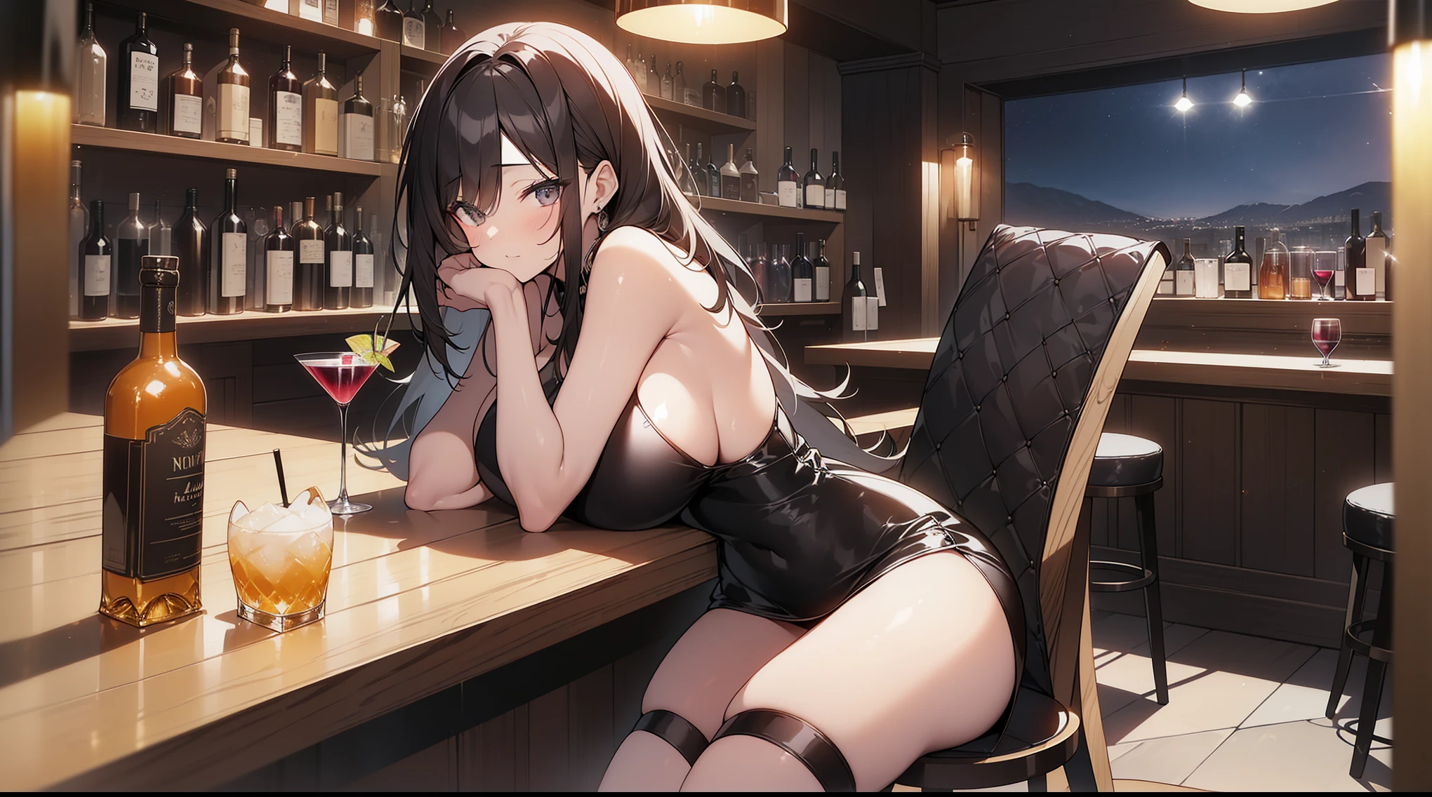 A sexy woman 36 years old,Thick hair, Dark good ass, Slim, attractive, attractive appearance; Always without underwear; Big black eyes, Long eyelashes,Timid expression; Big, bouncy natural breasts; Sexy Short Bodycon Off Shoulder Mini Dress; Strike a pose, sit on the chair,holding mug,counter,pub,(Fashion bar) indoors, ((Cocktail Glass) Full of colorful wine), (dimly light room), Wine Bottle, Detailed background,Fluffy hair,((((Night scene background))))), (((at the bar))), wine, whiskey, High ball,(Shiny and glowing, Effect:1.2)