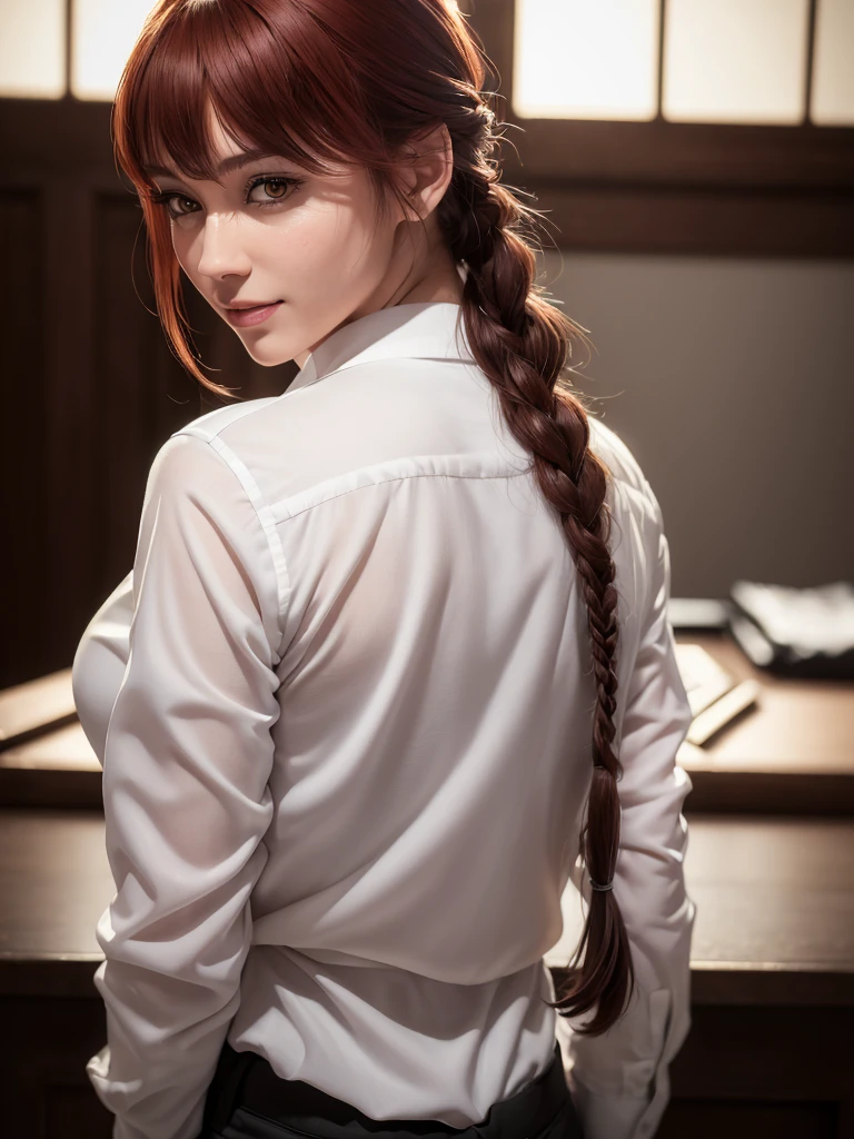 High quality image, masterpiece, detailed hair texture, detailed skin texture, detailed cloth texture, 8k, add fabric details, ultra detailed skin texture, ultra detailed photo, skin pores, cloth details, high skin details, realistic hair details, a girl with red hair and yellow eyes crouching down, akane owari danganronpa, she has red hair, gapmoe yandere, with red hair, makima from chainsaw man, cosplayer, huge breast