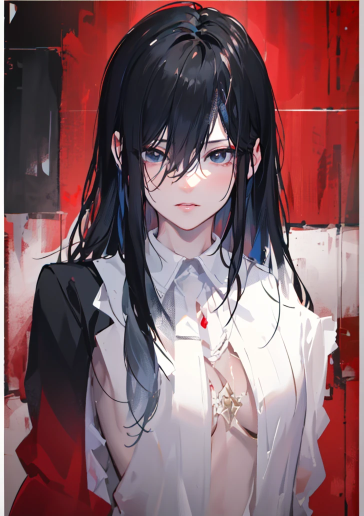 beautiful, white-skinned woman, business suit, long black hair, black eyes, looking at viewer, red background, intricate details, hyperrealistic, 8K, octane render, chiaroscuro lighting, cinematic composition, dramatic atmosphere, digital art