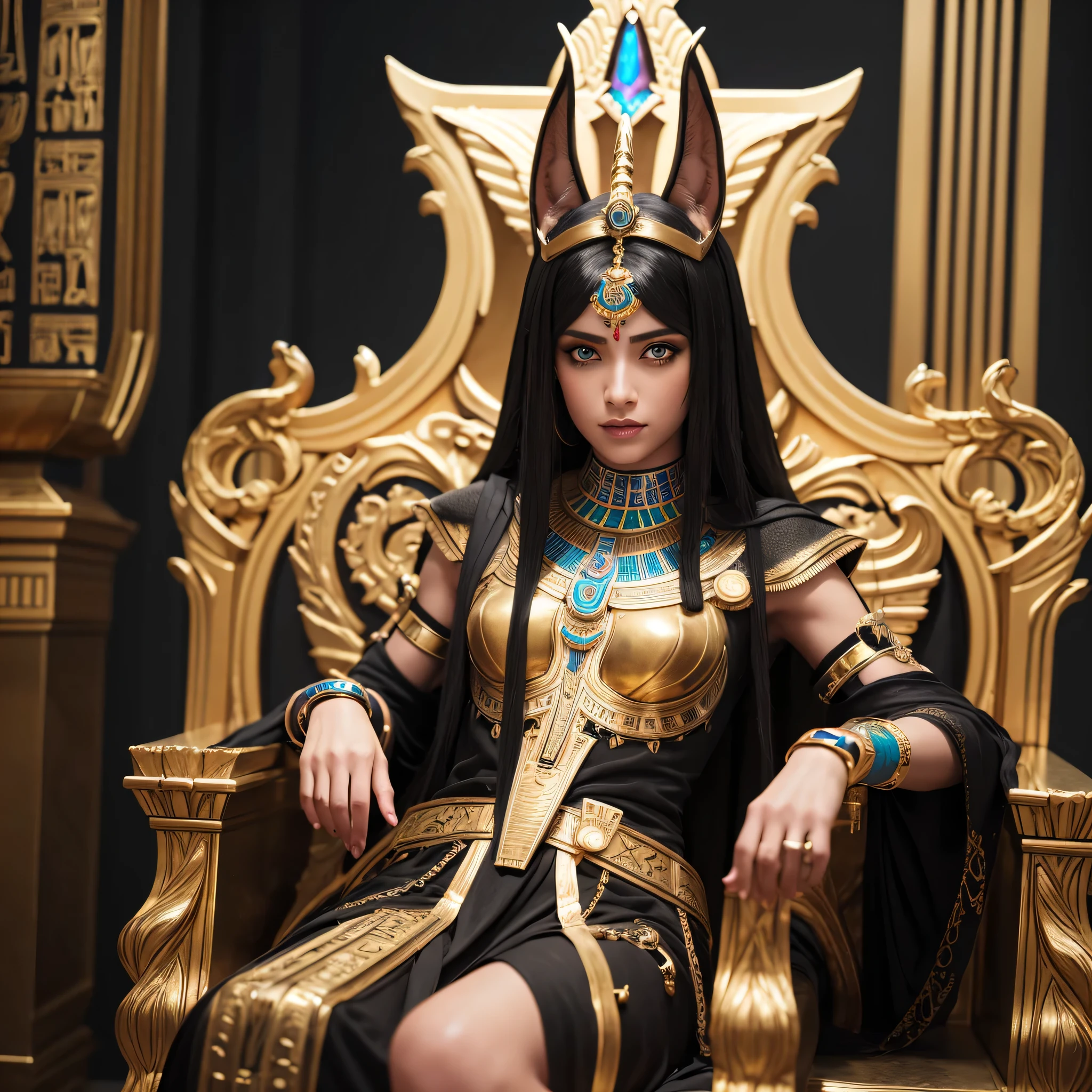 1girl, detailed anubis costume, sitting on ornate throne, hyperrealistic, 8k, best quality, masterpiece, photorealistic, HDR, physically-based rendering, extremely detailed, vivid colors, dramatic lighting, ancient egyptian fantasy