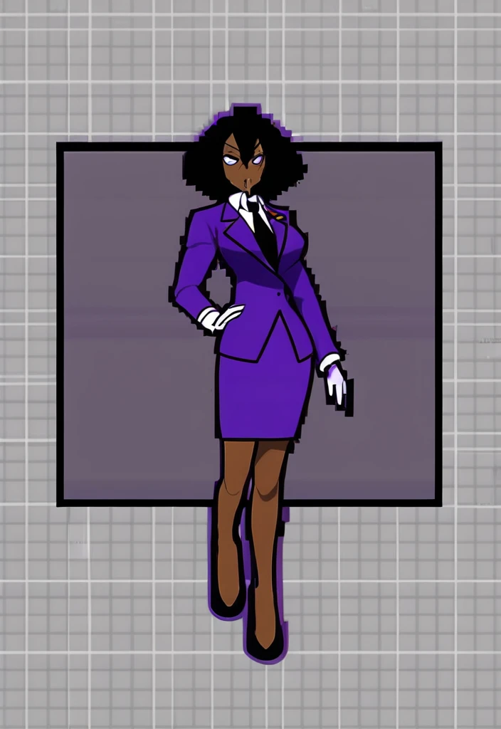 Make a evil military black anime woman in a purple skirt suit witha tie on full body 