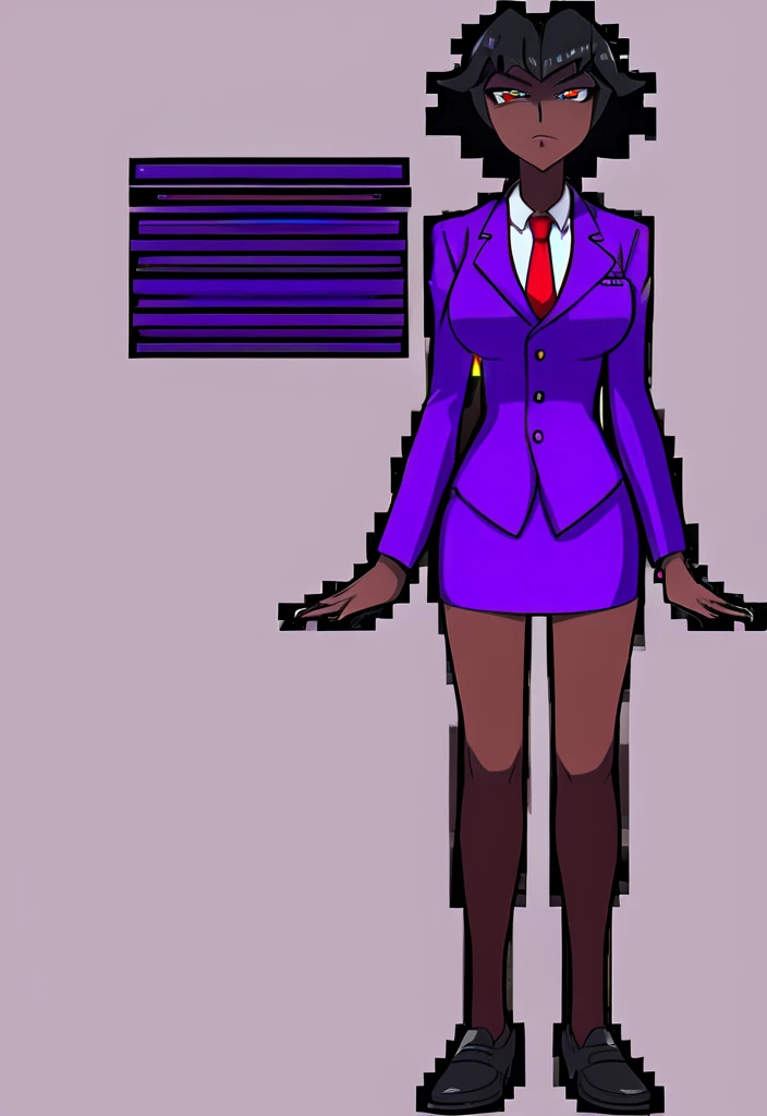 Make a evil military black anime woman in a purple skirt suit witha tie on full body