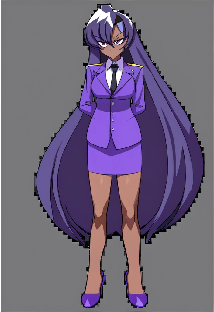Make a evil military black anime woman in a purple skirt suit witha tie on full body