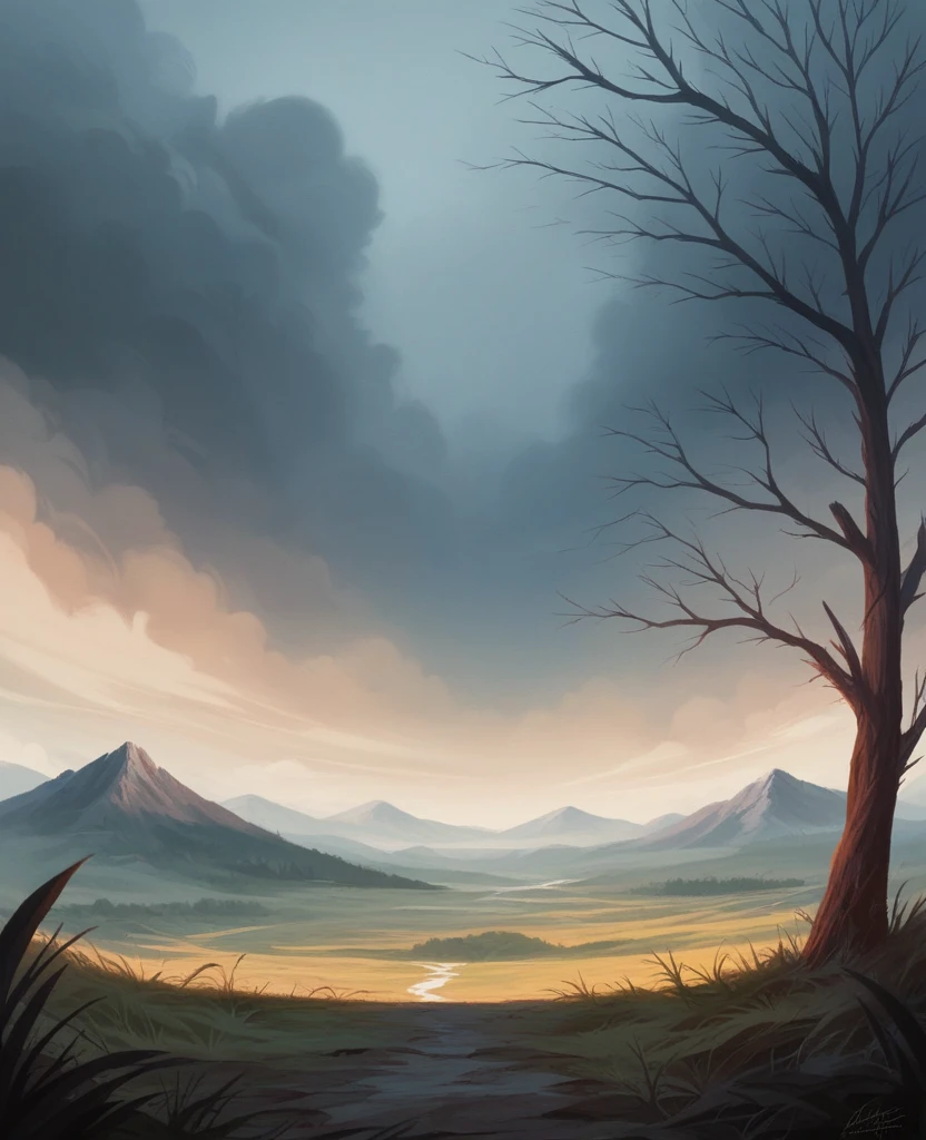 Valleys and mountains々Creating a desolate landscape of, Shrouded in a thick fog, Less sunshine, Has twisted trees and thick trunks, Undergrowth reminiscent of grass and grass, In a hyper-realistic landscape, In dead colors, 4K, Cinema Lighting, Natural light, Film Grain, Cinema Lighting, High detail, Photorealistic, Photorealisticistic, Volumetric lighting and shading  