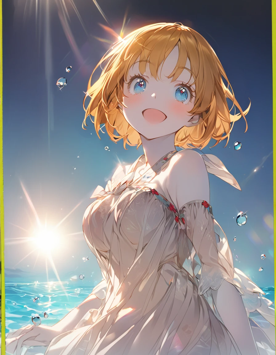 A cute girl in a swimsuit(original bikini swimsuit)() (Little Gironde:1.5)(eyelash:1.2)(eye shadow:1.3) (Blue eyes:1.5), (Beautiful fine details:1.4) (Short Bob Hair:1.4), (Blue eyes)(Big Breasts:1.3) (Whi)Height: 130cm, original character, Fantasy, View Viewer Art: (A girl with beautiful deep eyes. The depth of field in the photo is perfect、Lens flares create a nice atmosphere. The details of her face really stand out, This photo definitely gets a 10 or more.. background, There is a beautiful sea with crystal clear water and water droplets floating on the surface. Laughing happily