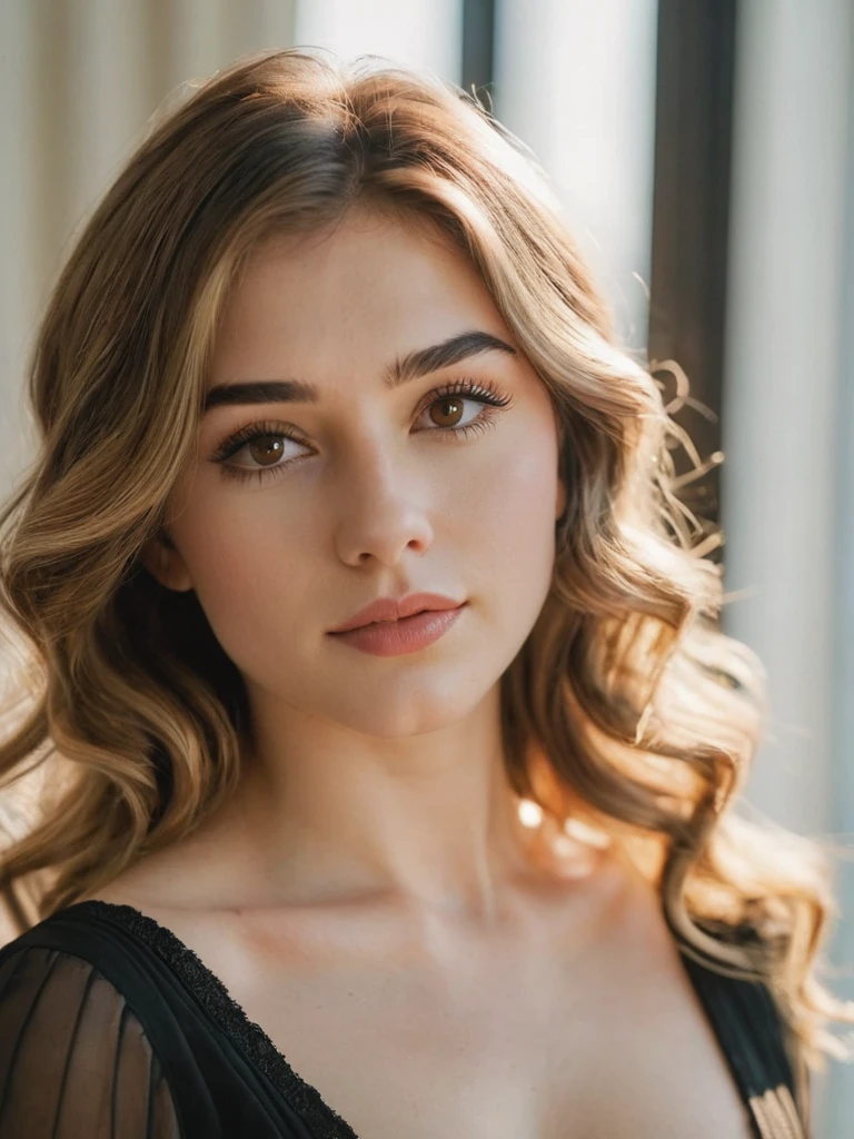 Best quality,high resolution,8k masterpiece, atmosphere, golden hour light:1.3, bright light hard light:1.2, fuji color:1.5, film grain, full body camera shot:1.5,
Atractive woman, 22 year old, delicate occidental features, aureal proportion:1.5, slight wavy brown hair with little few blonde lights:1.4, thick sexy eyebrows:1.4, long eyelashes:1.3,deep eye look:1.3, (real skin texture:1.3), medium thick lips :1.3, brown golden eyes :1.5, living room:1.5, indoor, black dress:1.4, high contrast .