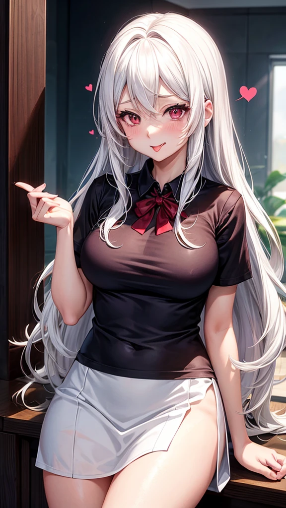 anime girl, chica sexy, White hair, secretary dress, red wine eyes, open t-shirt, almost show breasts, blushing, heart in the eyes, 23 years, semi long hair, sticking out tongue.