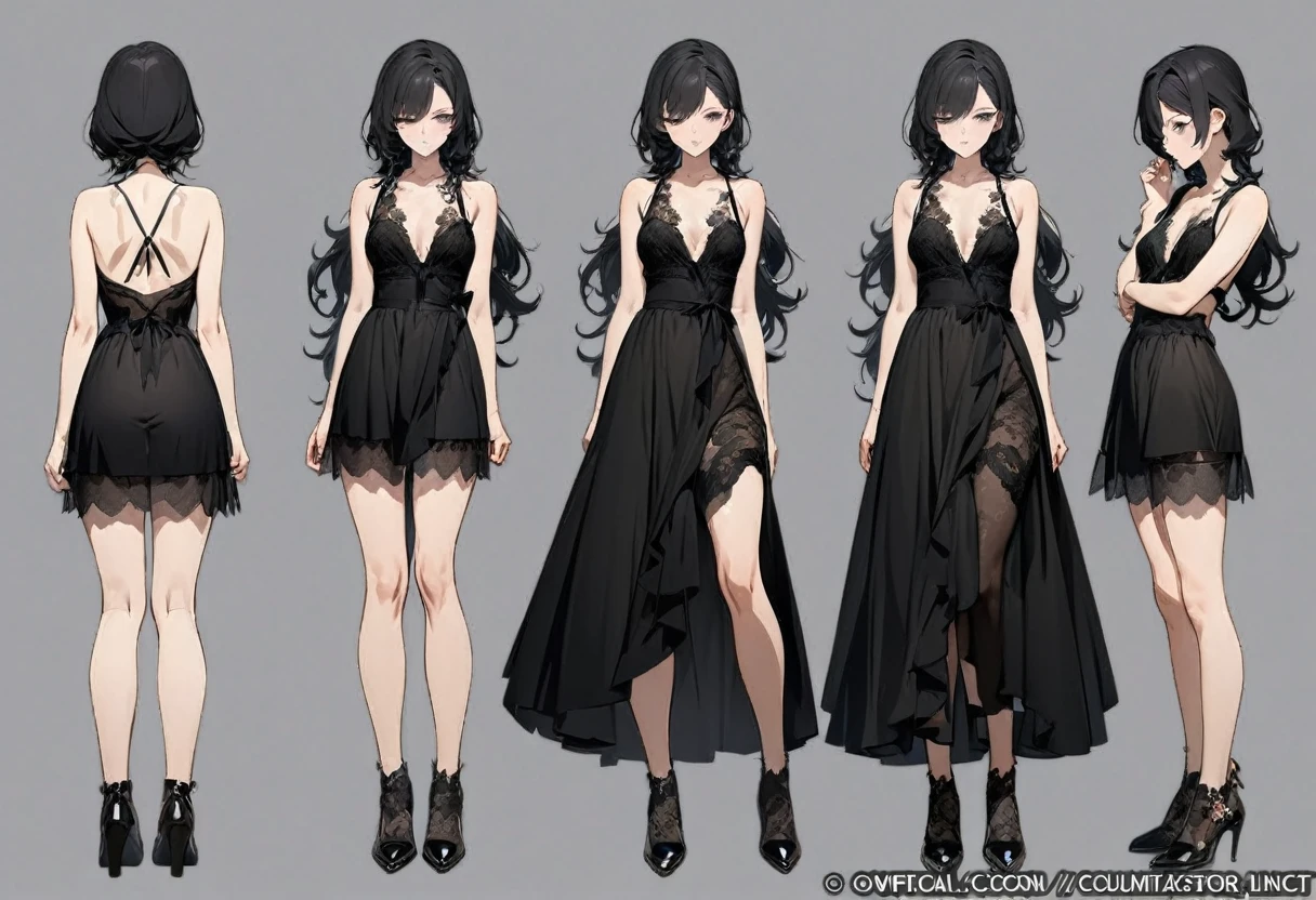 (masterpiece, Highest quality, Highest quality, Official Art, Cosmetology and aesthetics: 1.2), Browsing Caution, Cross-dressing boy with shoulder-length black hair, lingerie,cute, Delicate and short,whole body,Standing boy,three views, Front, back and sides,Character Sheet,whole body,Simple Background