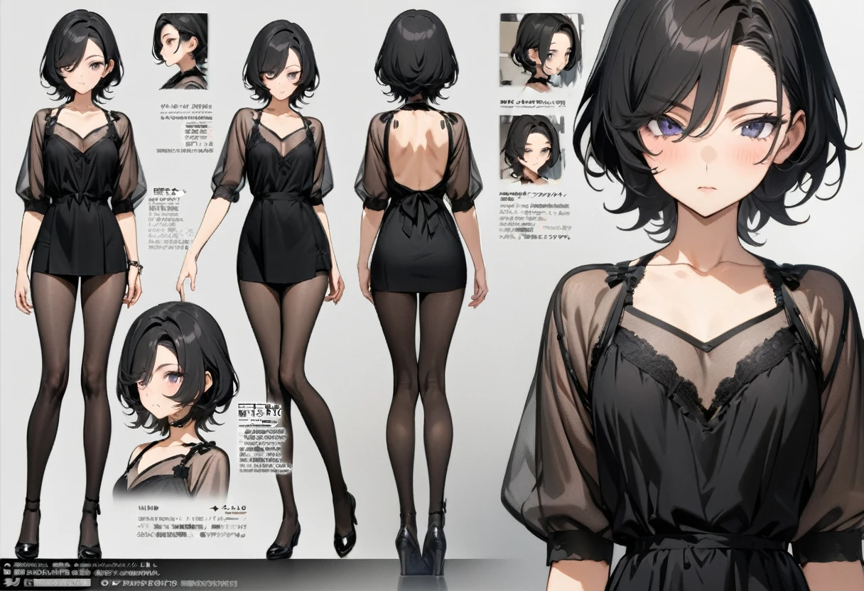 (masterpiece, Highest quality, Highest quality, Official Art, Cosmetology and aesthetics: 1.2), Browsing Caution, Cross-dressing boy with shoulder-length black hair, lingerie,cute, Delicate and short,whole body,Standing boy,three views, Front, back and sides,Character Sheet,whole body,Simple Background