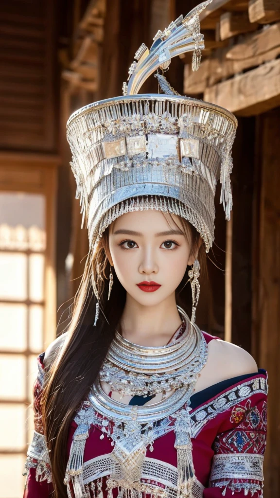 (8K,best quality,masterpiece:1.2),Ultra-high detail,Professional lighting,best quality,Ultra-high resolution,Visually stunning,(1 girl:1.1),(Miao clothing、hat),Real human skin,(Perfect body 1.3)Super delicate face。