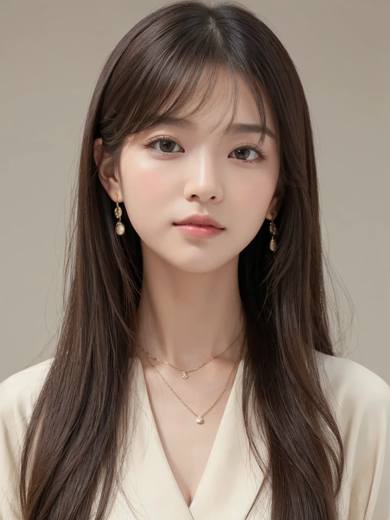 ((Highest quality, 8K, masterpiece:1.3)), concentrate: 1.2, Perfect body beauty: 1.4, Hips: 1.2, ((Long Hair, chest: 1.2)), (Dry clothes: 1.1) , (clear, Simple Background:1.3), Simple clothes: 1.1, Highly detailed face and skin texture,Delicate eyes, double eyelid, Whitened skin, Rough skin、Long Hair、Earrings with bangs、necklace、 solo、Beige coat、White shirt, (((Beautiful girl with cute Japan)))、 ((Beautiful Japanese girl 20 years old))、 ((Baby Face))、 (((Slender body)))、 Upper Body,Face focus、necklace,Simple Background,From above, Realistic Hair、 A photograph was taken:Canon EOS R6、135mm、1/1250 seconds、f2.8、ISO400、(Detailed explanation of the hand)、(Masseter muscle area)、(Exquisite CG)、Long Hair, loose and curly hair、Korean Hair、Long Hair明るいベージュ色、グラデーションハイライトグレージュのゆるふわLong Hairスタイル、