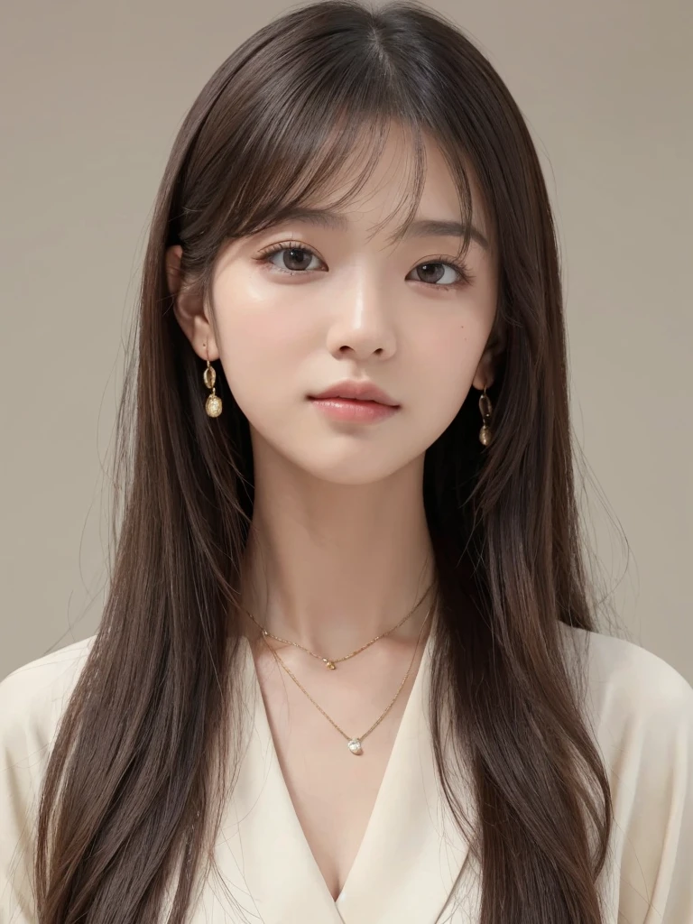 ((Highest quality, 8K, masterpiece:1.3)), concentrate: 1.2, Perfect body beauty: 1.4, Hips: 1.2, ((Long Hair, chest: 1.2)), (Dry clothes: 1.1) , (clear, Simple Background:1.3), Simple clothes: 1.1, Highly detailed face and skin texture,Delicate eyes, double eyelid, Whitened skin, Rough skin、Long Hair、Earrings with bangs、necklace、 solo、Beige coat、White shirt, (((Beautiful girl with cute Japan)))、 ((Beautiful Japanese girl 20 years old))、 ((Baby Face))、 (((Slender body)))、 Upper Body,Face focus、necklace,Simple Background,From above, Realistic Hair、 A photograph was taken:Canon EOS R6、135mm、1/1250 seconds、f2.8、ISO400、(Detailed explanation of the hand)、(Masseter muscle area)、(Exquisite CG)、Long Hair, loose and curly hair、Korean Hair、Long Hair明るいベージュ色、グラデーションハイライトグレージュのゆるふわLong Hairスタイル、