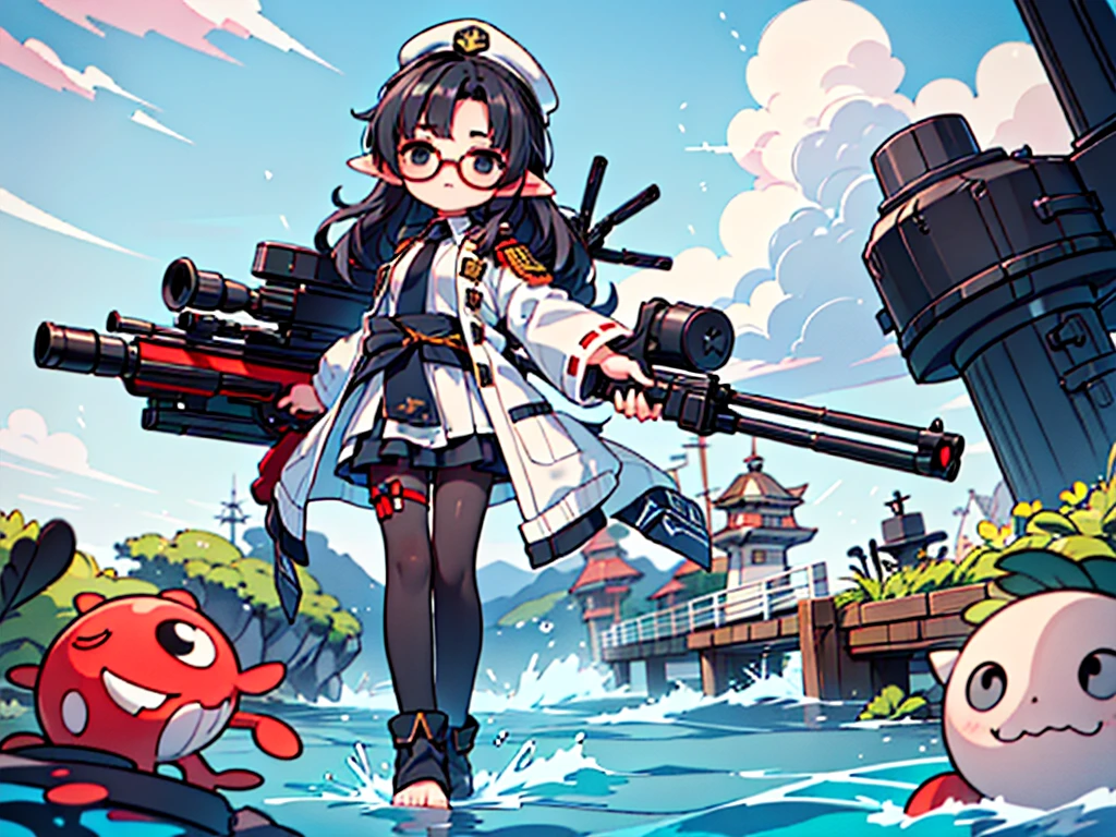 (((masterpiece, Vision))), ((((Full body of a woman with perfect flat chest、1 Female、solo、Short unkempt black hair、Tie your messy hair at the nape of your neck、white military jacket、Miko costume、black tights、Black glasses、White military cap、Cloudy black eyes、Confused eyes、Junyo-inspired emblem)))), (((Shipgirl))), ((Floating on the morning sea with both feet)), (Standing with your legs apart)), Aim, (Hold the shotgun turret grip with your right hand), (Four mechanical tentacles extending from its back each hold a turret), (Equipped with a bridge on the back), (His left arm holds the grip of a triple machine gun),