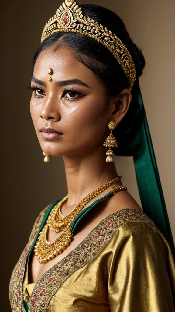 Hyperrealistic photo of a (slightly full) Javanese bride wearing a traditional Javanese bridal costume. Hair in a bun (a typical Javanese bun ukel konde) stunning and intricately designed gold crown (small) headdress, decorated with detailed dangling jasmine flower ornaments. The make-up is dramatic, with expressive dark eyes, flushed cheeks, and a slightly open mouth, giving an expression of shock or surprise (crying, furrowed eyebrows, tear-filled eyes). Women's suit in rich green brocade with gold embroidery, featuring a low neckline and detailed pattern. His shoulders and chest were wet, glistening as if standing in the rain or just coming out of the air. The dimly lit backdrop, the beautiful corridor with checkered floors, adds a dramatic and intense atmosphere to the scene.