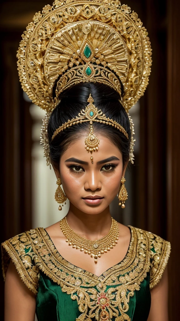 Hyperrealistic photo of a (slightly full) Javanese bride wearing a traditional Javanese bridal costume. Hair in a bun (a typical Javanese bun ukel konde) stunning and intricately designed gold crown (small) headdress, decorated with detailed dangling jasmine flower ornaments. The make-up is dramatic, with expressive dark eyes, flushed cheeks, and a slightly open mouth, giving an expression of shock or surprise (crying, furrowed eyebrows, tear-filled eyes). Women's suit in rich green brocade with gold embroidery, featuring a low neckline and detailed pattern. His shoulders and chest were wet, glistening as if standing in the rain or just coming out of the air. The dimly lit backdrop, the beautiful corridor with checkered floors, adds a dramatic and intense atmosphere to the scene.
