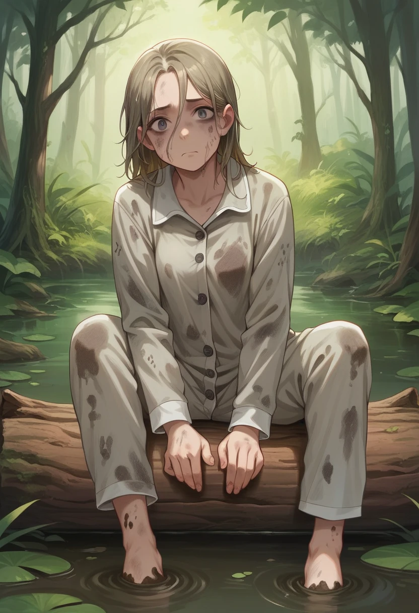 Illustration, detailed illustration, ultra detailed, masterwork, 1girl, 30 year old girl, dirty face, long dirty blonde hair, dirty white pajamas, sitting on log, swamp, emotionless expression, mud on clothes, dirty