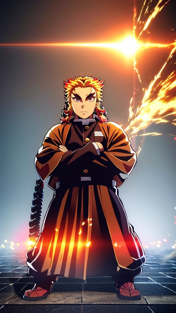 Male, Rengoku clan, wearing pilot goggles over eyes, light stubble on chin, standing at attention, hands in pockets, fully in frame, full body shot, facing viewer, lone figure, sole person, Demon Slayer style