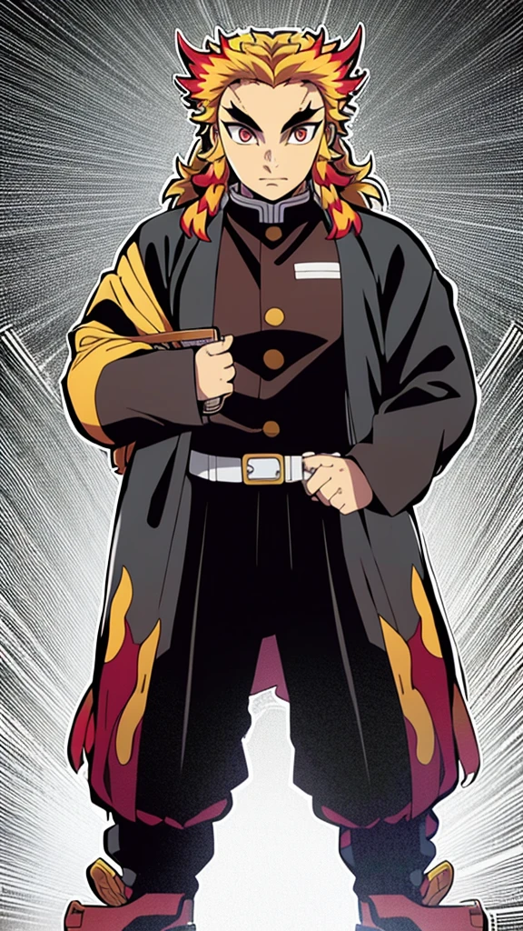 Male, Rengoku clan, wearing pilot goggles over eyes, light stubble on chin, standing at attention, hands in pockets, fully in frame, full body shot, facing viewer, lone figure, sole person, Demon Slayer style