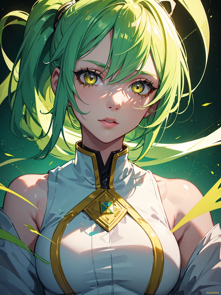 1girl,,green hair,yellow eyes,ponytail,white suit,green overall,upper body,hyper detailed,cinematic lighting,highly detailed facial features,extremely detailed eyes,beautiful detailed lips,beautiful detailed nose,best quality,masterpiece:1.2,professional