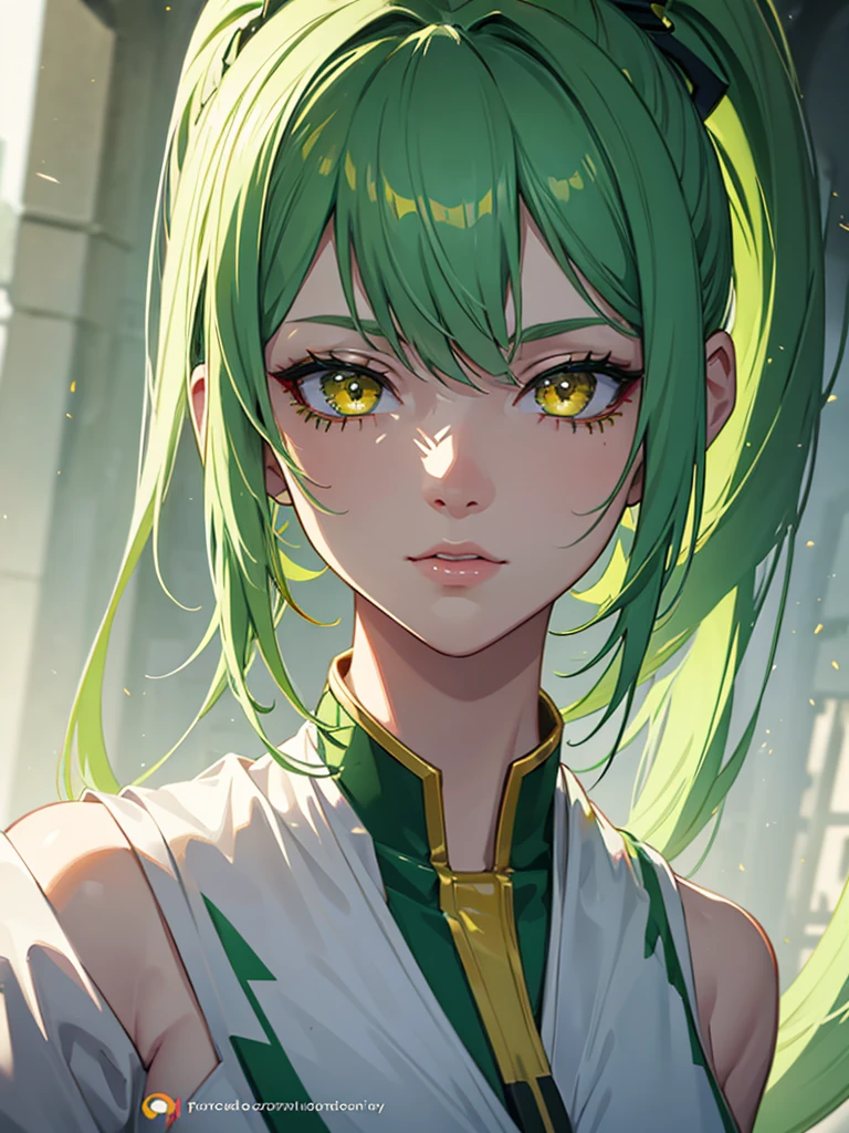 1girl,,green hair,yellow eyes,ponytail,white suit,green overall,upper body,hyper detailed,cinematic lighting,highly detailed facial features,extremely detailed eyes,beautiful detailed lips,beautiful detailed nose,best quality,masterpiece:1.2,professional