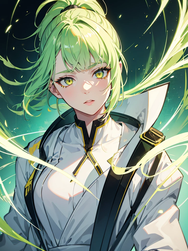 1girl,,green hair,yellow eyes,ponytail,white suit,green overall,upper body,hyper detailed,cinematic lighting,highly detailed facial features,extremely detailed eyes,beautiful detailed lips,beautiful detailed nose,best quality,masterpiece:1.2,professional