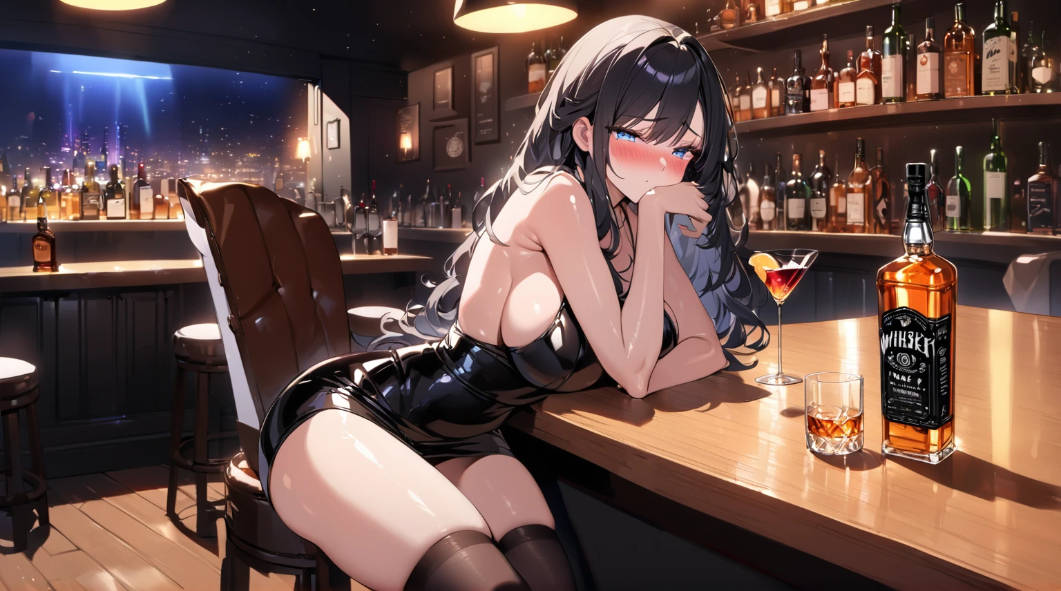 best quality, 4K, high resolution, masterpiece:1.2, Extremely detailed),Sad expression looking at the camera,Large ,30 years old girl,独奏,black hair,long hair,blue eyes,(drunk,blush),sitting,drinking,((Mature ody)),Bk stockings,Black tight skirt, Mature sexy bodyng mug,nter,pub,(Fashion bar) indoors, ((Cocktail Glass) Full of cful wine), (dimly light room), Wine Bottle, Detailed background,Fluffy hair,((((Night scene background))))), (((at the bar))), wine, whiskey, High ball,(Shiny and glowing, Effect:1.2)