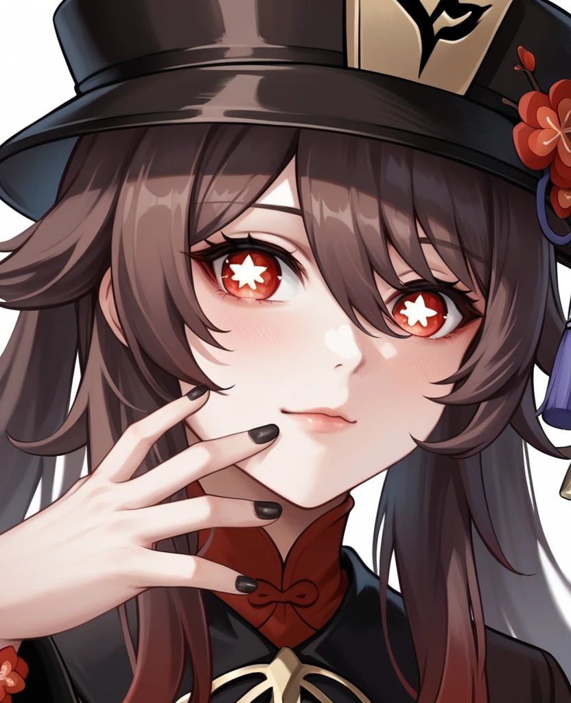 face, close, close shot, Shiny hair, Shiny clothes, Shiny, extremely detailed eyes, 極端なdetailed, Realistic, Cinematic, detailed, masterpiece, 4K, 8K, , Punks,, Fantasy AI_Burple,, indoor, Hu Tao (Genshin Impact), Genshin Impact, Have, Symbol-shaped pupil, Red eyes, Brown Hair, Star-shaped pupils, Flower-like pupils, bangs, Black nails, Black Hat 
