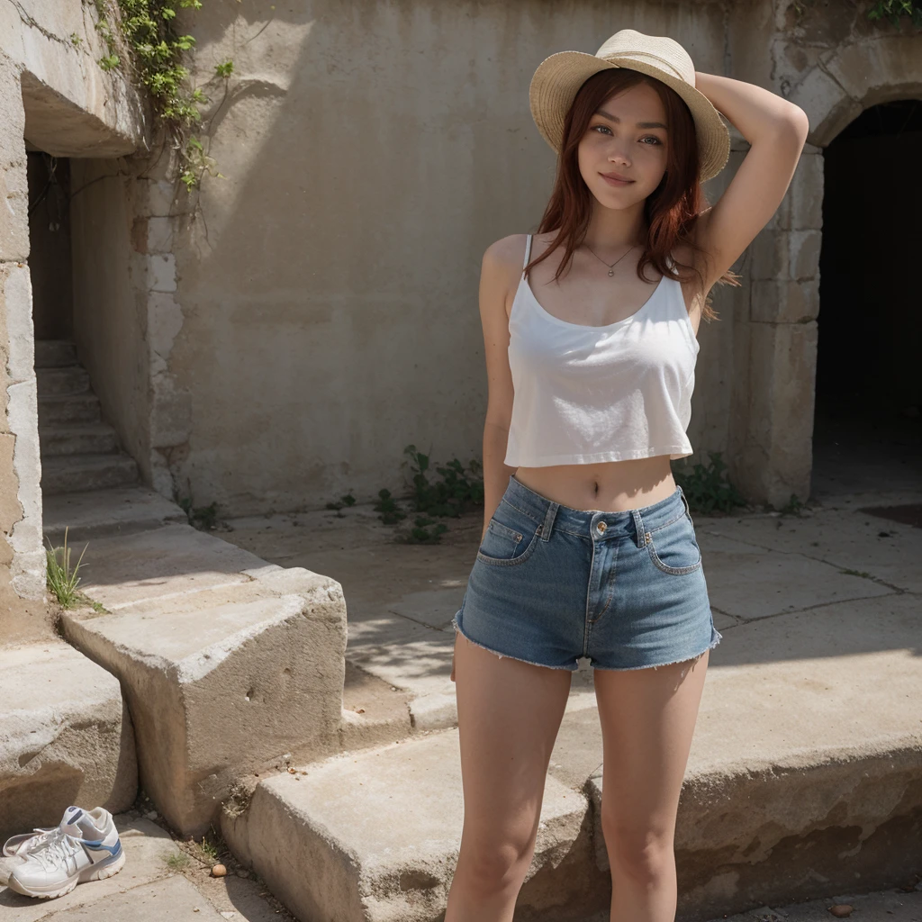 18-year-old girl similar to Chloë Grace Moretz, smiling, waist-length red hair, disheveled and disheveled, wears white fedora hat, long, loose white sleeveless blouse, blue miniskirt, tennis shoes, no socks, tight clothing, poses on ruins, Probably part of a pre-Hispanic construction, it is completely exposed to the sun without any shade. intense direct sunlight lighting, super realistic, clear sky, perfect body, correct proportions and perspectives, masterpiece, realistic photo, natural lighting direct sunlight, outdoors