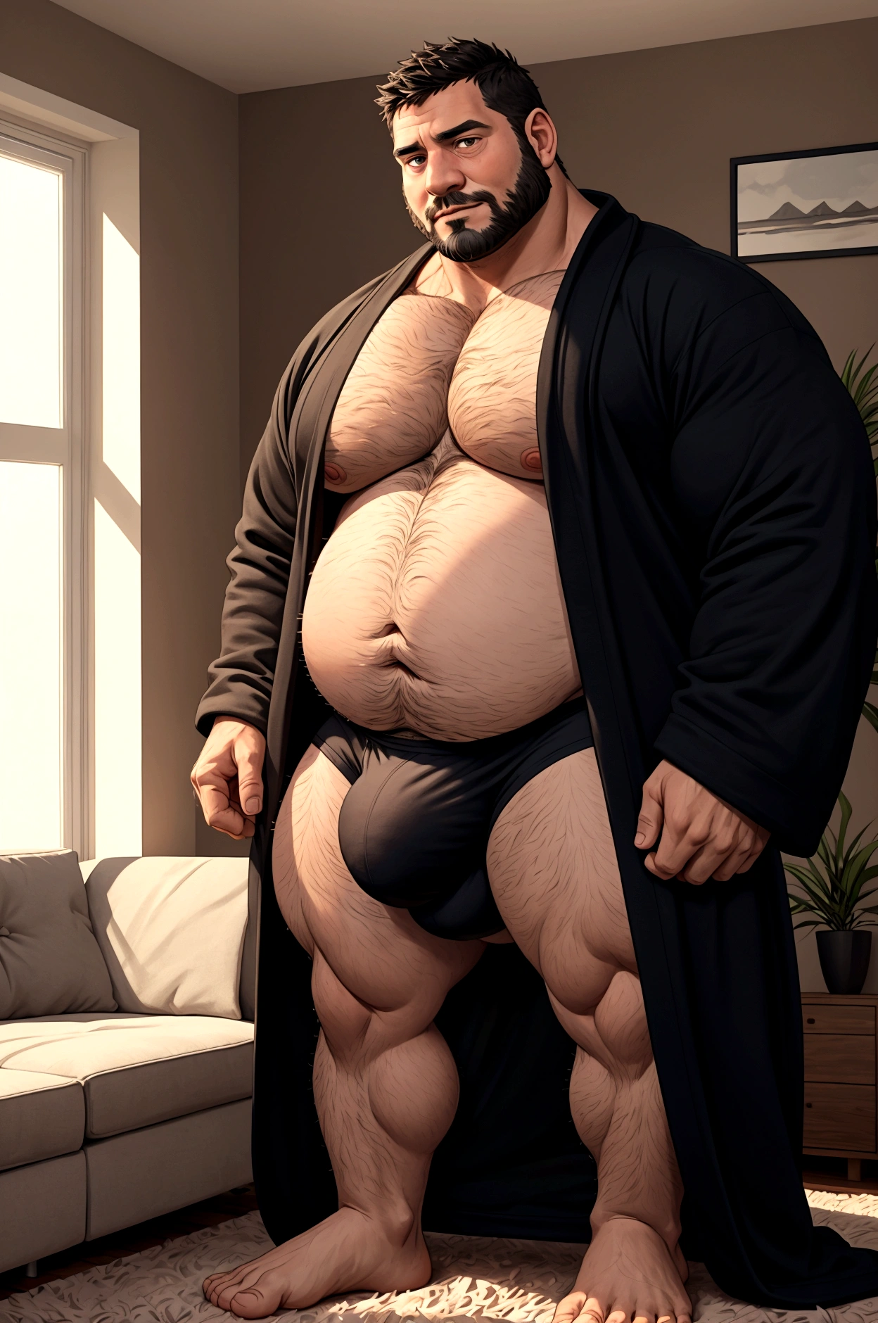 40 years old white Male, tall, giant body, handsome, dad bod, beefy, strong arms and legs, wide shoulders, a bit chubby muscle gut, a bit of fat but still very muscular, extremely hairy, (a lot of body hair), short beard, wearing an untie black bathrobe with long sleeves, wearing a black boxer brief, ((unrealistic oversized big bulge)), barefoot, smirking, modern minimalist living room