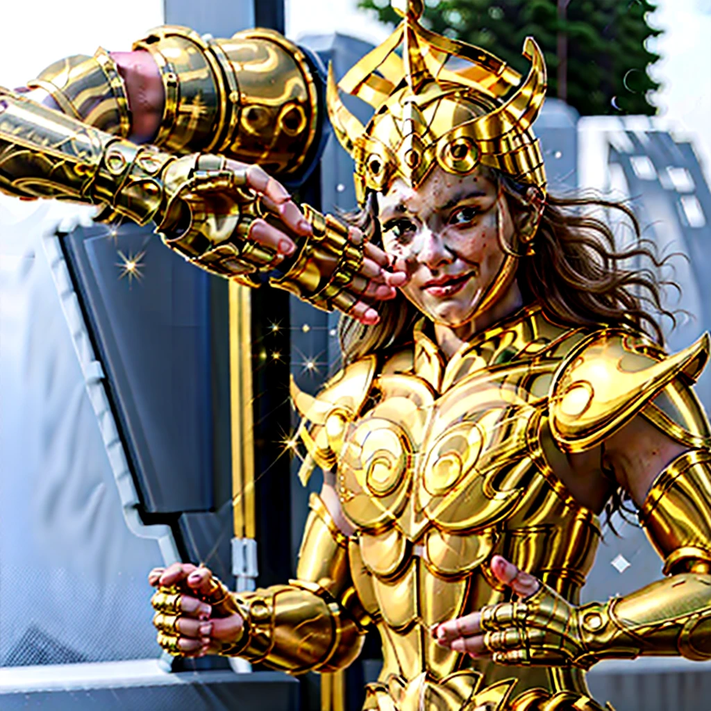 masterpiece, best quality, highres, solo, 1girl, subtle smile, detailed background,medium breasts,fingerless gloves ,pauldrons,(gold armor:1.5),  aries,shoulder armor