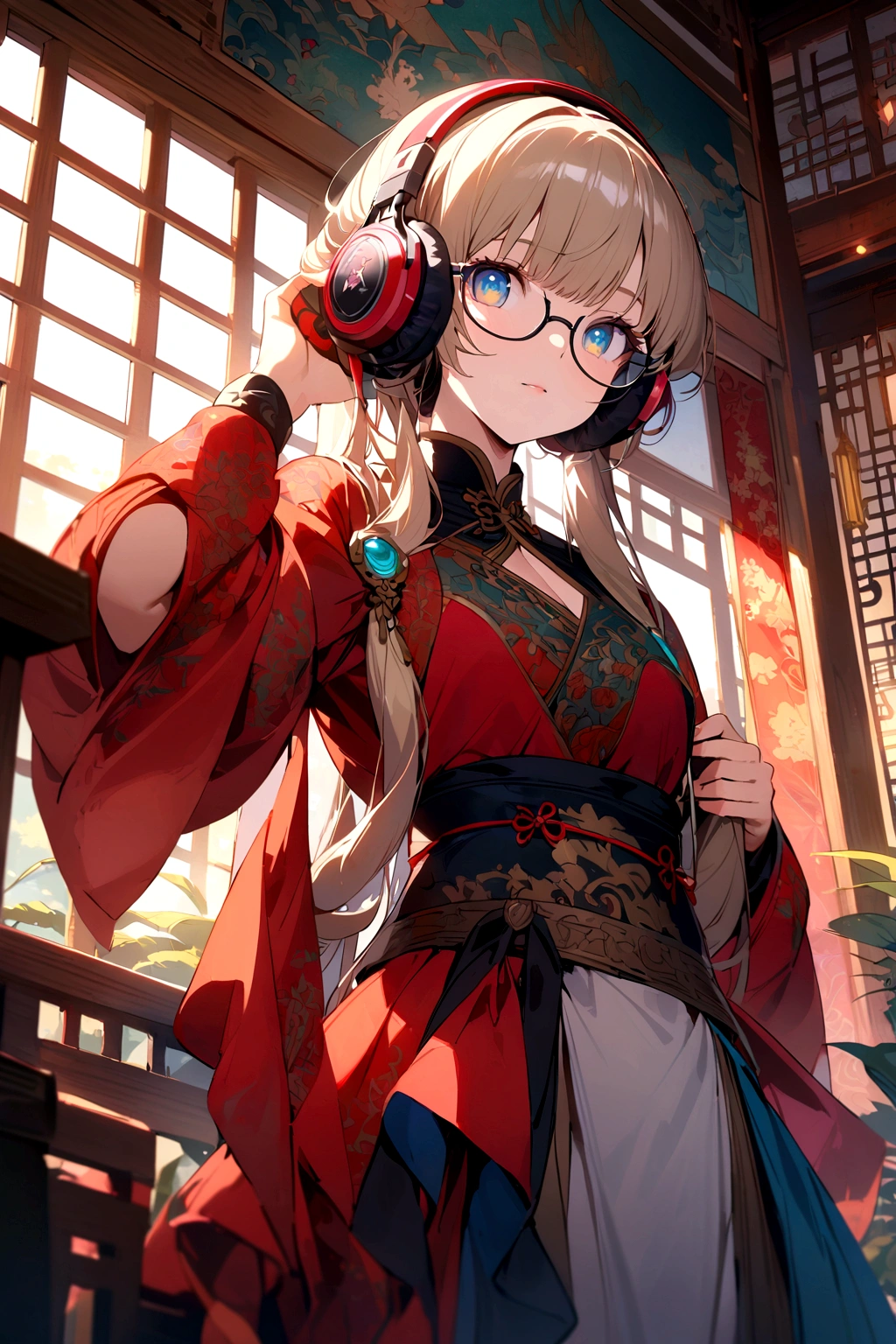 Best quality, masterwork, true-to-life, ultra-detailed, vibrant colors, intricate details, ((serene eyes)), vibrant eyes,  Romanticism,(((under-rimmed glasses:1.3))), (headphones:1.3),elegant solo woman in Chinese old clothes patterned with black flowers, art style inspired by Alphonse Mucha, regal posture with long trailing sleeves, traditional Chinese room interior with bamboo screens, warm natural lighting, at eye level, picturesque, masterpiece