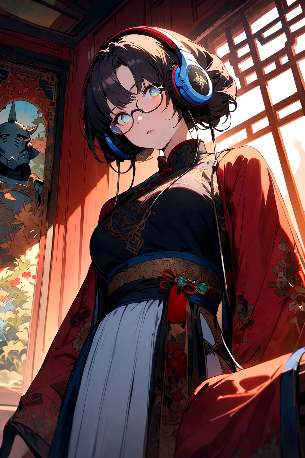 Best quality, masterwork, true-to-life, ultra-detailed, vibrant colors, intricate details, ((serene eyes)), vibrant eyes,  Romanticism,(((under-rimmed glasses:1.3))), (headphones:1.3),elegant solo woman in Chinese old clothes patterned with black flowers, art style inspired by Alphonse Mucha, regal posture with long trailing sleeves, traditional Chinese room interior with bamboo screens, warm natural lighting, at eye level, picturesque, masterpiece