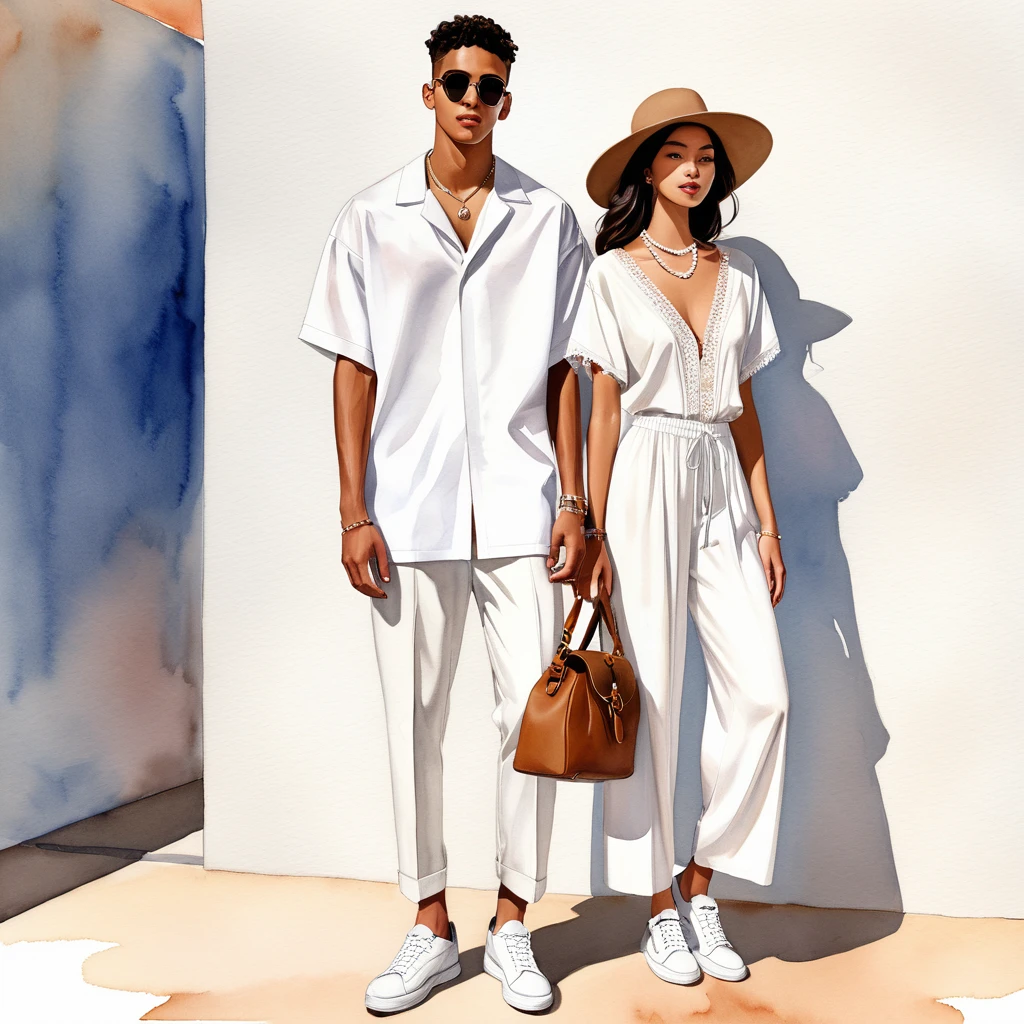 candid fashion illustration of young mixed race man and woman, both aged 20 year old, ((showcase fashion look book in a White rayon outfits)), inspired by BACKSTAGE resort collection 2023 in elegant young chic bohemian style. The man wears an oversized short-sleeved bowling white shirt with a minimal lace details, paired with relaxed-fit white Sports pants with Drawstring, He completes his look with white sneakers, round glasses. The woman complements him in a white Ankle-length dress in cotton woven fabric, open neckline, Smocked sections details to creating gathers effect, Her ensemble includes an accessorizes with a brimmed bag, pom-pom necklace and white sneakers and necklace. Captured in a low angle, ((full-body image)), ((roses water color background)), sketching, realistic drawing, ((imperfect water color drawing)), fashion look book, fashion illustrator, sketch design, Jacquemus,