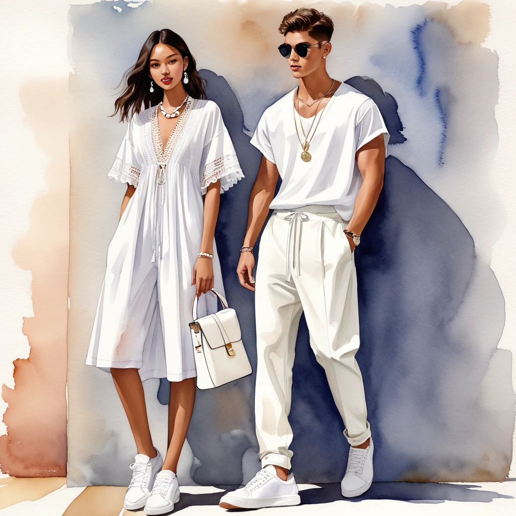 candid fashion illustration of young Mixed race man and woman, both aged 18 year old, ((showcase fashion look book in a Black and White rayon outfits)), inspired by BACKSTAGE resort collection 2023 in elegant young chic bohemian style. The man wears an oversized short-sleeved bowling white shirt with a minimal embroidery details, paired with relaxed-fit white Sports pants with Drawstring, He completes his look with white sneakers, round glasses. The woman complements him in a white Ankle-length dress in cotton woven fabric, Smocked details to creating gathers technique, Her ensemble includes an accessorizes with a brimmed straw bag, wood necklace and white sneakers and necklace. Captured in a low angle, ((full-body image)), ((light water color background)), sketching, realistic drawing, ((imperfect water color drawing)), fashion look book, fashion illustrator, sketch design,