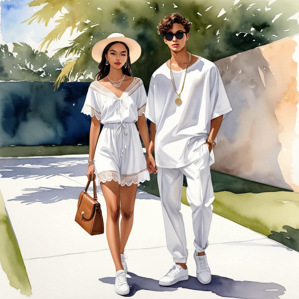 candid fashion illustration of young mixed race man and woman, both aged 20 year old, ((showcase fashion look book in a White rayon outfits)), inspired by BACKSTAGE resort collection 2023 in elegant young chic bohemian style. The man wears an oversized short-sleeved bowling white shirt with a minimal lace details, paired with relaxed-fit white Sports pants with Drawstring, He completes his look with white sneakers, round glasses. The woman complements him in a white Ankle-length dress in cotton woven fabric, open neckline, Smocked sections details to creating gathers effect, Her ensemble includes an accessorizes with a brimmed bag, pom-pom necklace and white sneakers and necklace. Captured in a low angle, ((full-body image)), ((roses water color background)), sketching, realistic drawing, ((imperfect water color drawing)), fashion look book, fashion illustrator, sketch design, Jacquemus,