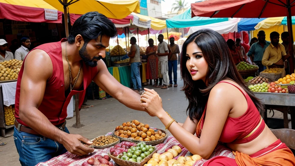 Sunny Leone having sez with Indian man on a table at an open street market