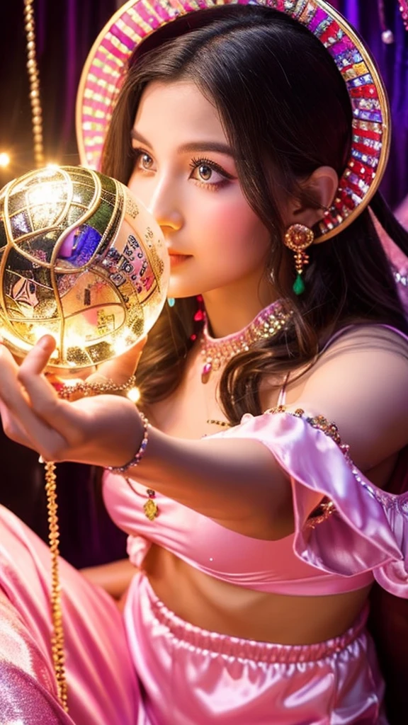 Beautiful gypsy woman tarot card fortune teller、young woman、Looking at me through a shiny crystal ball the size of a basketball、Cute pink outfit、looking at the camera、The background is a fortune-telling parlor