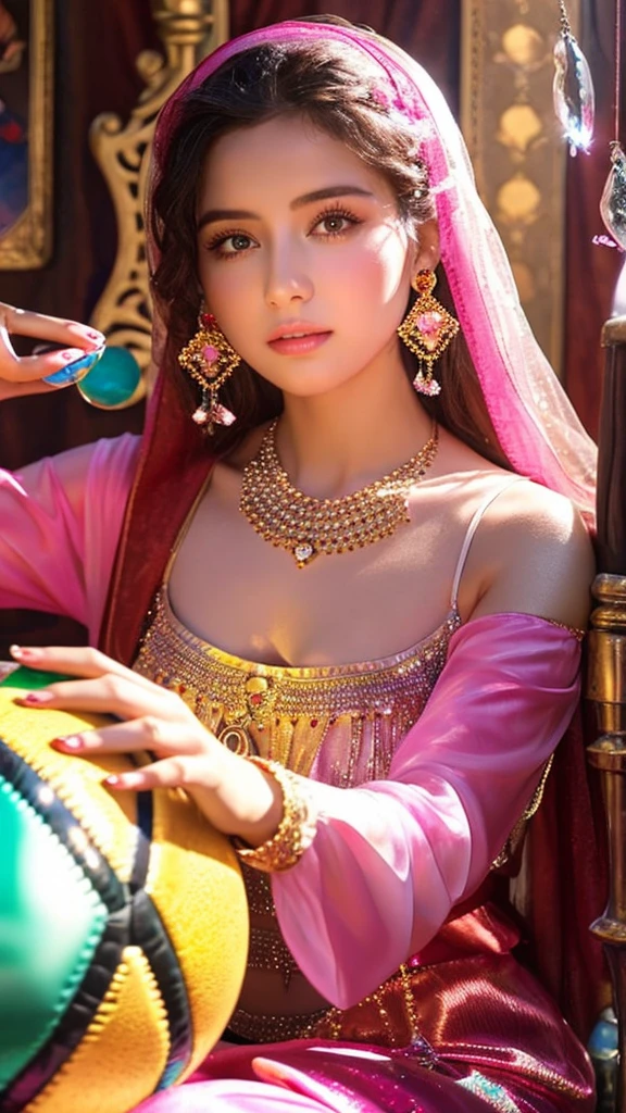 Beautiful gypsy woman tarot card fortune teller、young woman、Looking at me through a shiny crystal ball the size of a basketball、Cute pink outfit、looking at the camera、The background is a fortune-telling parlor