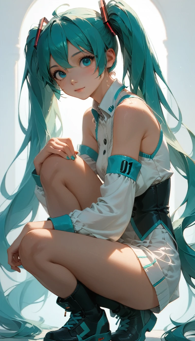RAW Photos、Blue-green hair,Dual Horsetail,sexy,Adorable,Small eyes、Expressionless,Squat,Twin tails、hatsune miku、Official Art,unity 8k wallpaper,Very detailed,Beautiful works,Highest quality,Realistic,Photo level、Highest quality、Best image quality、masterpiece、